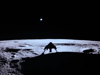 A photo of the Blue Ghost's lunar lander on the surface of the moon with Earth in the background.