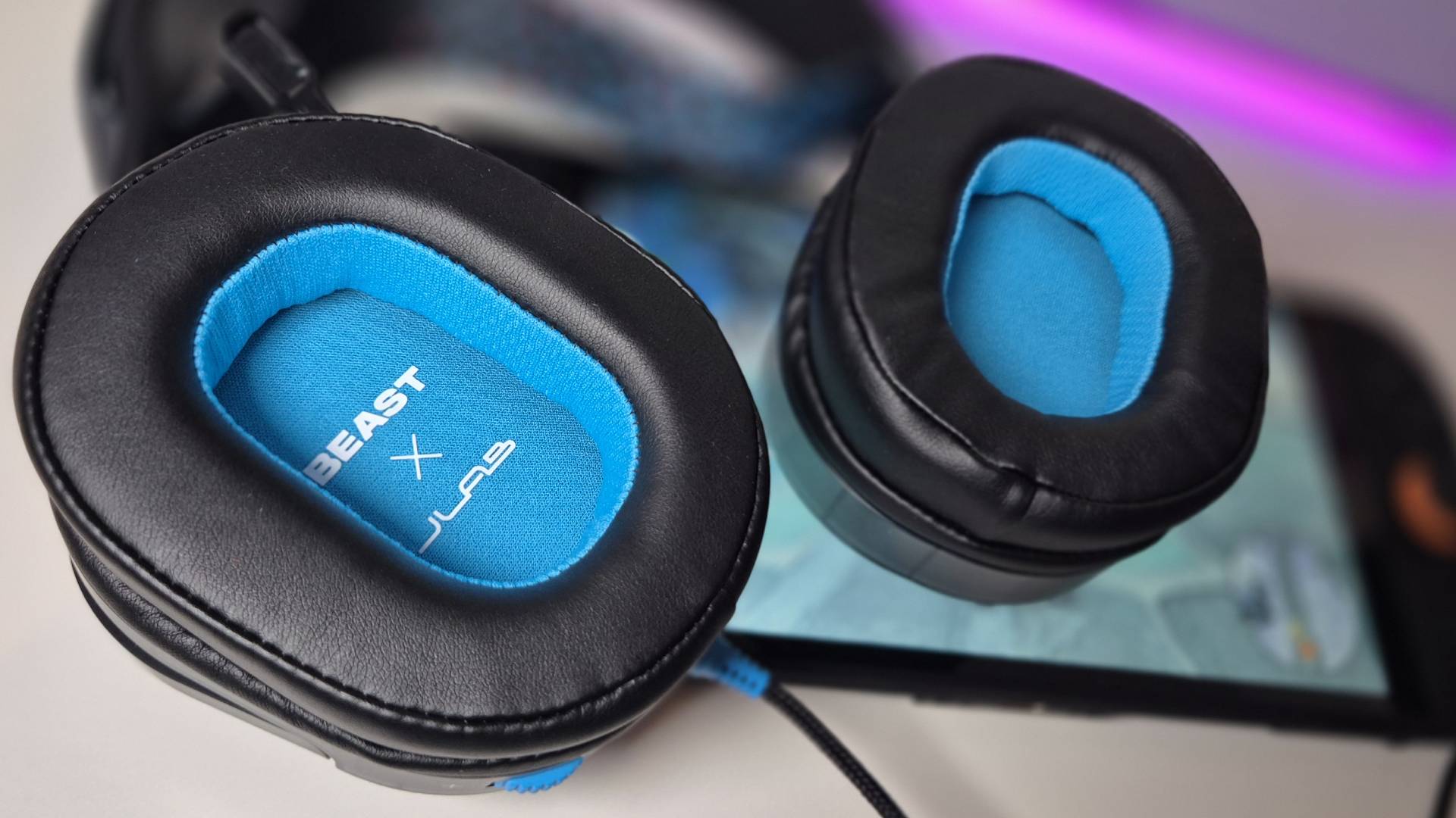 Photo by Rosalie Newcombe of inside of the cups of the JLab Gaming x MrBeast Nightfall wired gaming headset.