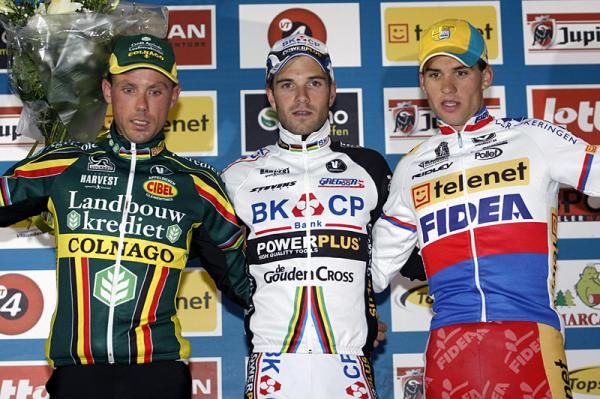 The Superprestige Gavere podium (l-r): Sven Nys (Landbouwkrediet - Colnago), 2nd; Niels Albert (BKCP - Powerplus), 1st; Zdenek Stybar (Telenet Fidea Cycling), 3rd.