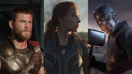Chris Hemsworth with short hair in Ragnarok, side-by-side with Scarlett Johansson in a field in Black Widow and Chris Evans holding Mjolnir in Endgame.