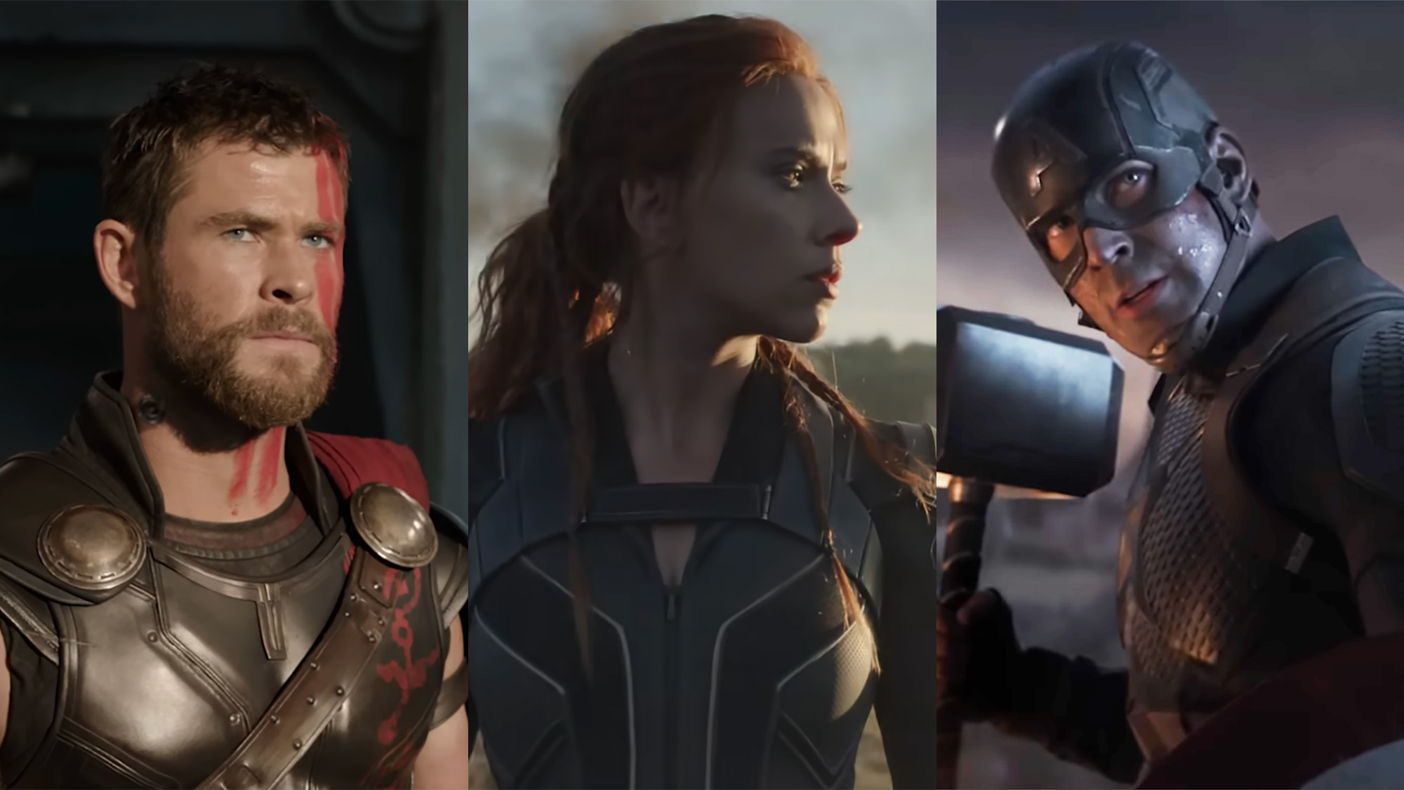 Chris Hemsworth with short hair in Ragnarok, side-by-side with Scarlett Johansson in a field in Black Widow and Chris Evans holding Mjolnir in Endgame.