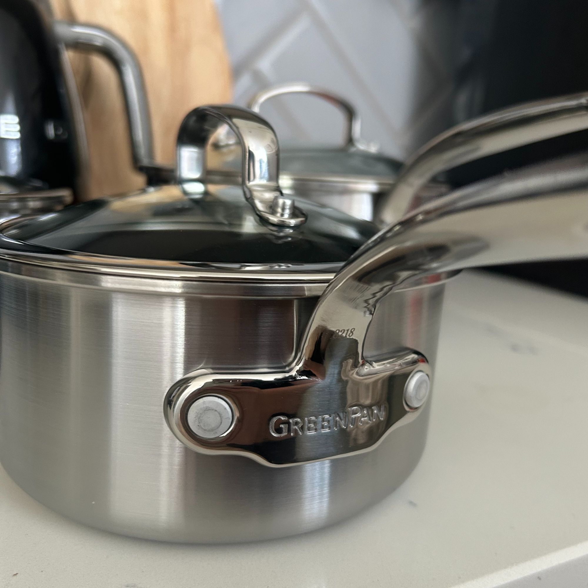 GreenPan Premiere Stainless Steel Ceramic Non-Stick Saucepan & Lid Set - closeup of design with GreenPan engraved on handle
