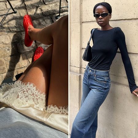 fashion collage featuring Laura Vidrequin Roso wearing ivory Doen lace hem silk shorts and The Row red jelly flats and Sylvie Mus wearing black oval sunglasses, a black boatneck top and jeans