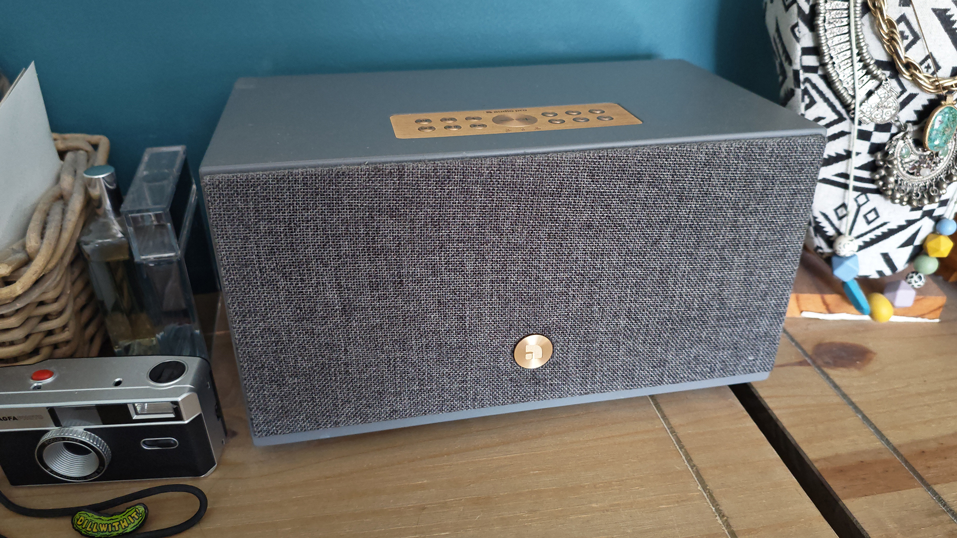 The Audio Pro C10 MkII wired speaker in a chest of drawers. 