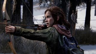Ellie draws a bow against a snowy backdrop