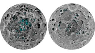 Water is one of the most valuable resources on the moon and is mostly located in craters at the south pole, left, and north pole, right. The blue in the images represents areas of surface ice.