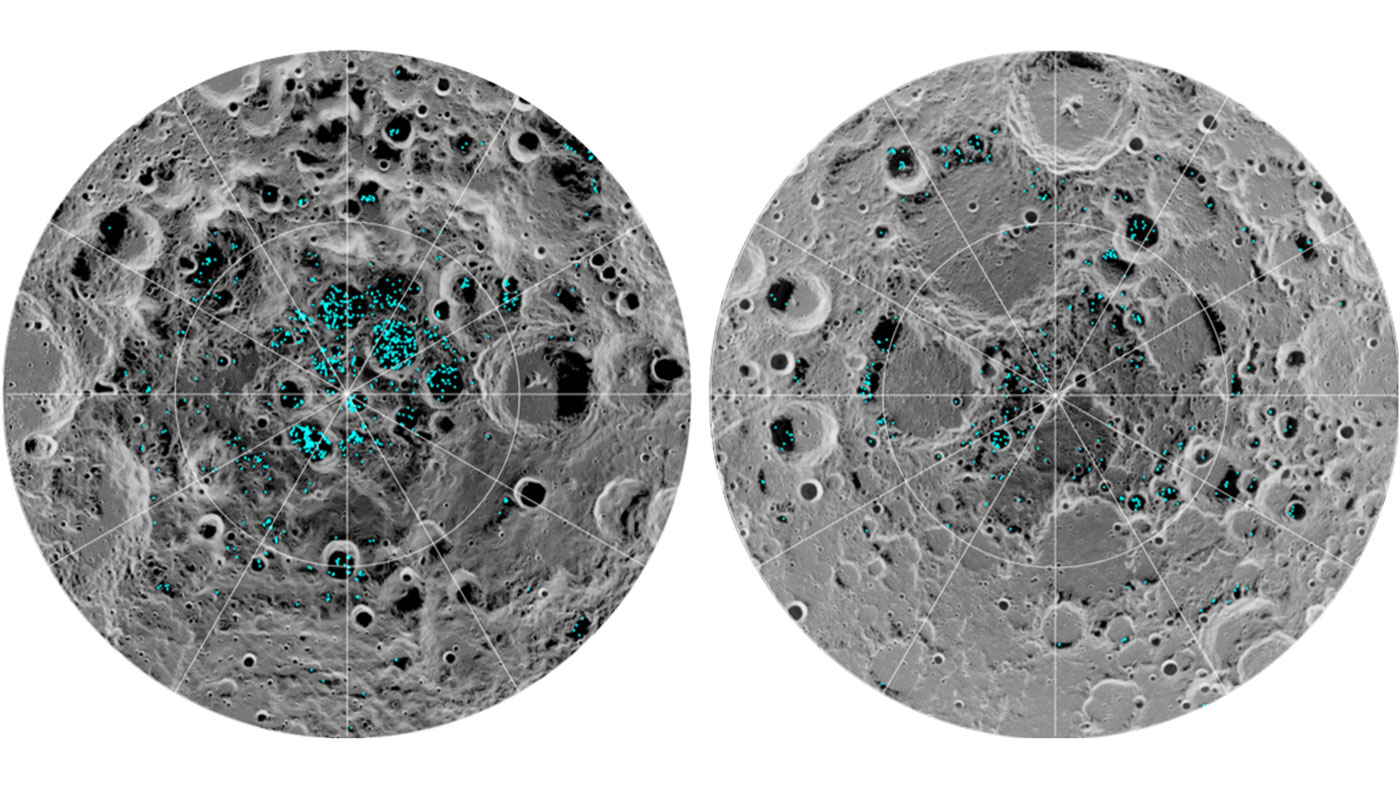 Water is one of the most valuable resources on the Moon, and is located mostly in craters at the South Pole, the left pole, and the North Pole on the right.  The blue in the images represents areas of surface ice.