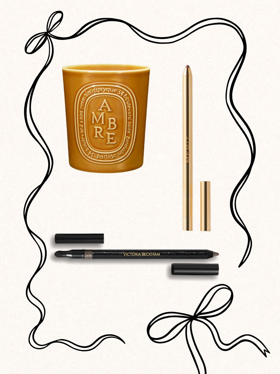 A collage with a black ribbon illustration framing a Diptyque candle, a Merit Beauty lip liner and Victoria Beckham Beauty eyeliner