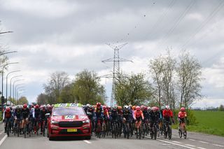 A general view of the peloton competing during the 8th Liege - Bastogne - Liege Femmes 2024 a 152.9km one day race from Bastogne to Liege