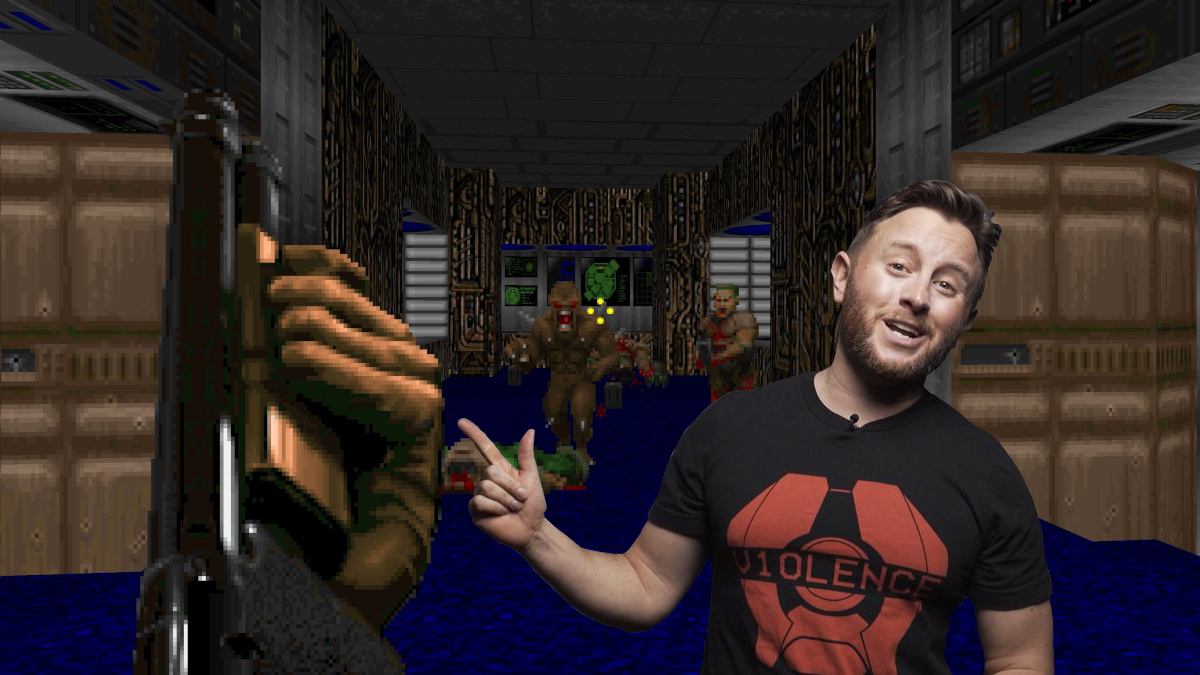 Dave Oshry pointing at the DOOM shotgun