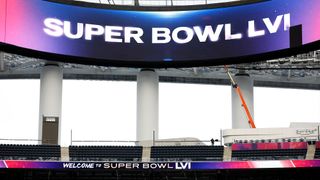 A view of SoFi Stadium as workers prepare for Super Bowl LVI on February 1, 2022 in Inglewood, California.