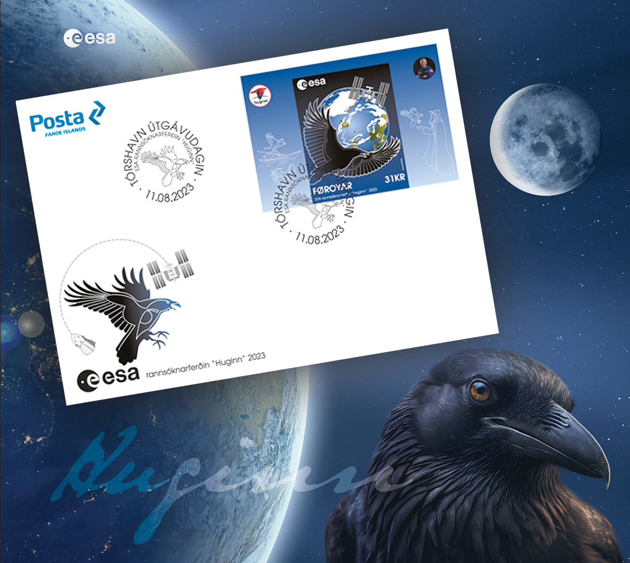 image showing a postcard with a stamp on it, superimposed over an image of the earth and moon with a raven in the foreground.