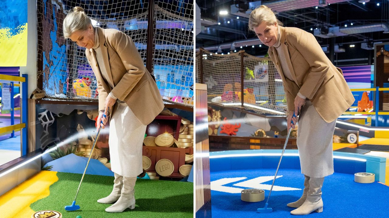 Composite of two pictures of Duchess Sophie wearing cream boots, a knitted dress and camel blazer as she plays golf during the launch of the NSPCC’s Number Day 