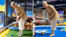 Composite of two pictures of Duchess Sophie wearing cream boots, a knitted dress and camel blazer as she plays golf during the launch of the NSPCC’s Number Day 