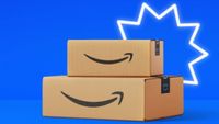 2 Amazon Prime boxes with white neon star against blue background 