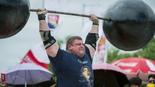 Zydrunas Savickas of Lithuania competes at the Circus Medley event during the World's Strongest Man competition