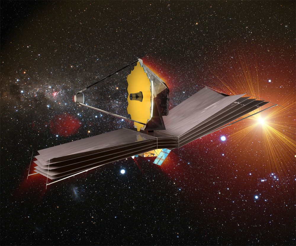 This artist&#039;s impression shows the James Webb Space Telescope fully deployed in space. 