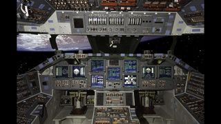 An image of a cockpit with a glass window looking out into space. 