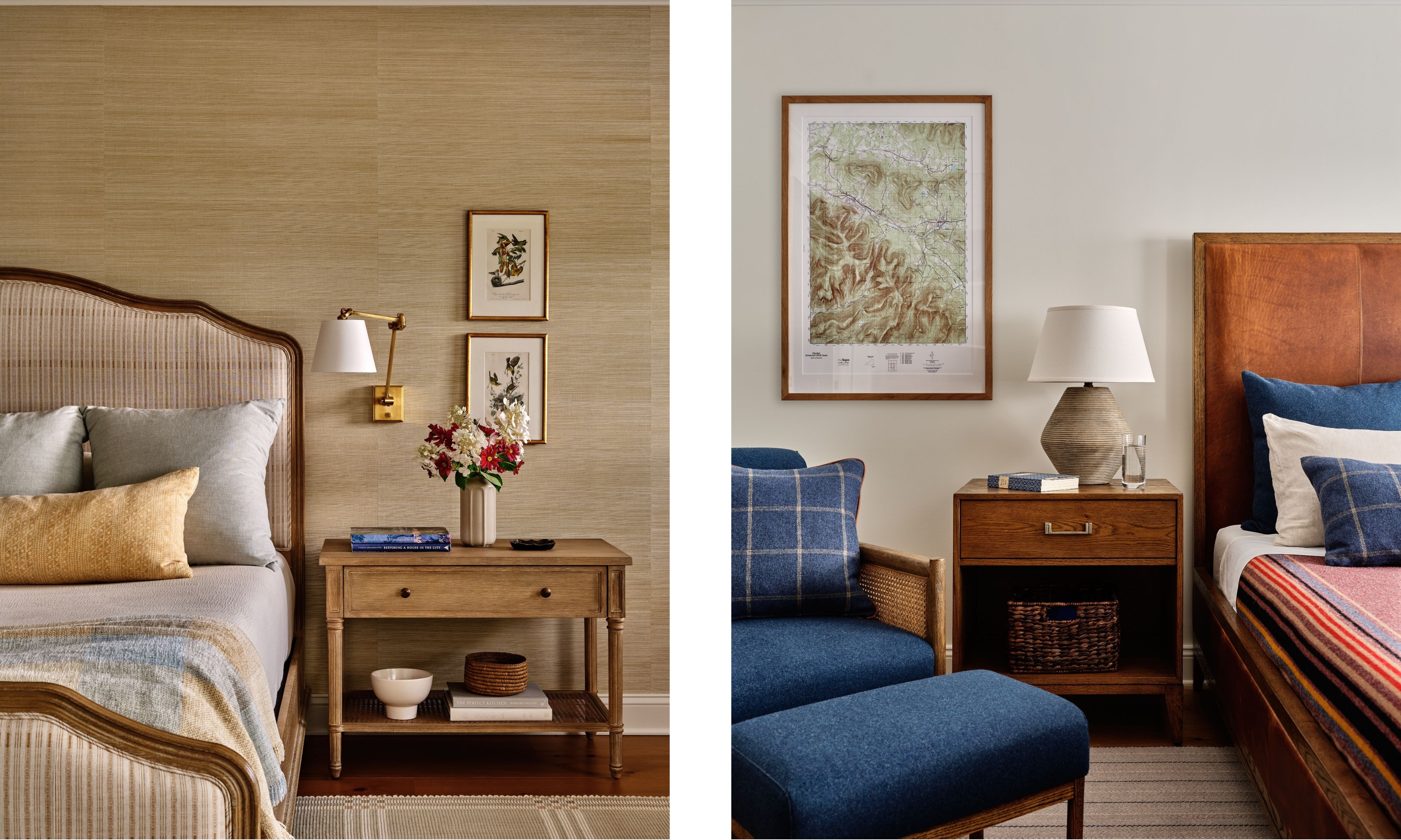 two side by side images of bedrooms - the left with neutral grasscloth walls and the right with white walls and a palette of blue and brown