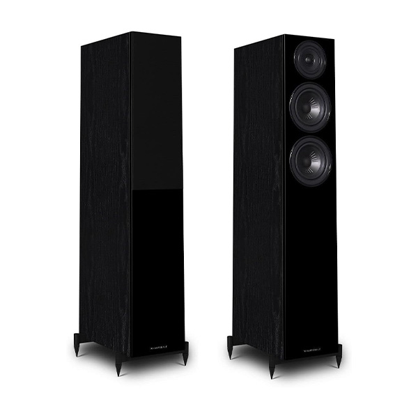 A pair of floorstanding Wharfedale Diamond 12.3 speakers in black on a white background