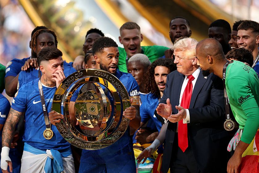 Chelsea and Donald Trump with the Club World Cup trophy