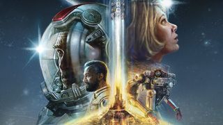 Concept art for the video game Starfield. At the bottom center is a glowing golden city with t talle skyscraper inthe middle. Light extends upwards to the top of the image. On the left is a close up of two astronauts faces. On the right the head of a blonde woman with shoulder length hair who is looking off to the top right. Below her there is a bulky humanoid-shaped robot.