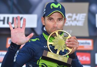 Alejandro Valverde (Movistar) signals his fifth Fleche Wallonne win in 2017