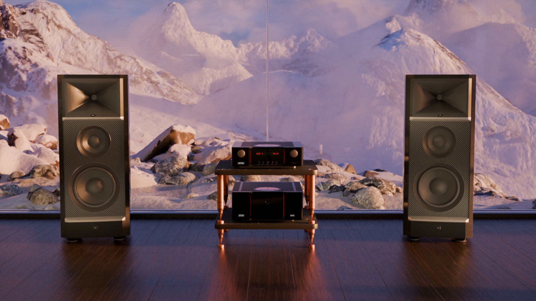 JBL Makalu speakers on either side of a hi-fi system with a backdrop showing Himalayan mountain peaks. 
