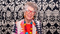 prue leith on a black and white background