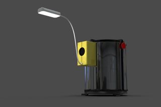 A 3D render of a portable hydrogen-powered cooking burner. A round metal construction, with a yellow generator box attached, with a light attached to it.