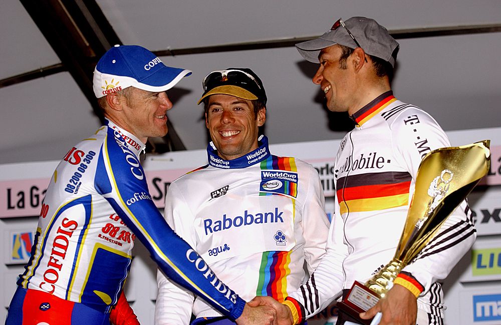 The 2004 Milan-San Remo podium: Stuart O'Grady, Oscar Freire and Erik Zabel