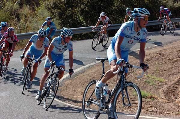 Gerolsteiner riders stick together on one of the small climbs.