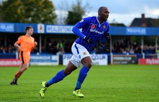 Jefferson Louis celebrates after scoring for Wealdstone against Colchester United in the FA Cup, 2015