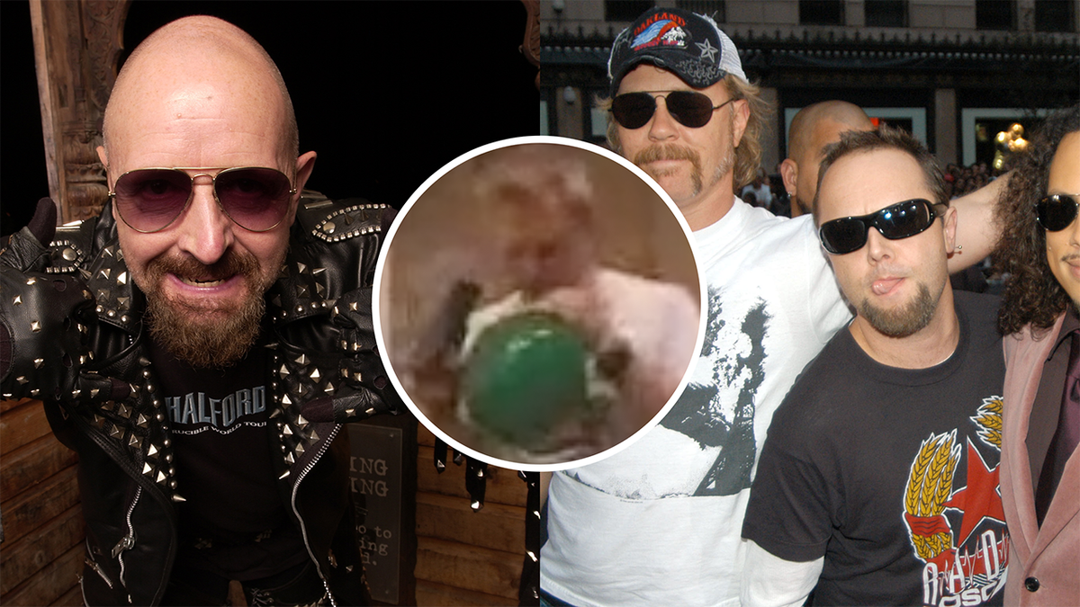 Rob Halford of Judas Priest, Metallica and James Hetfield breathing from a helium balloon 