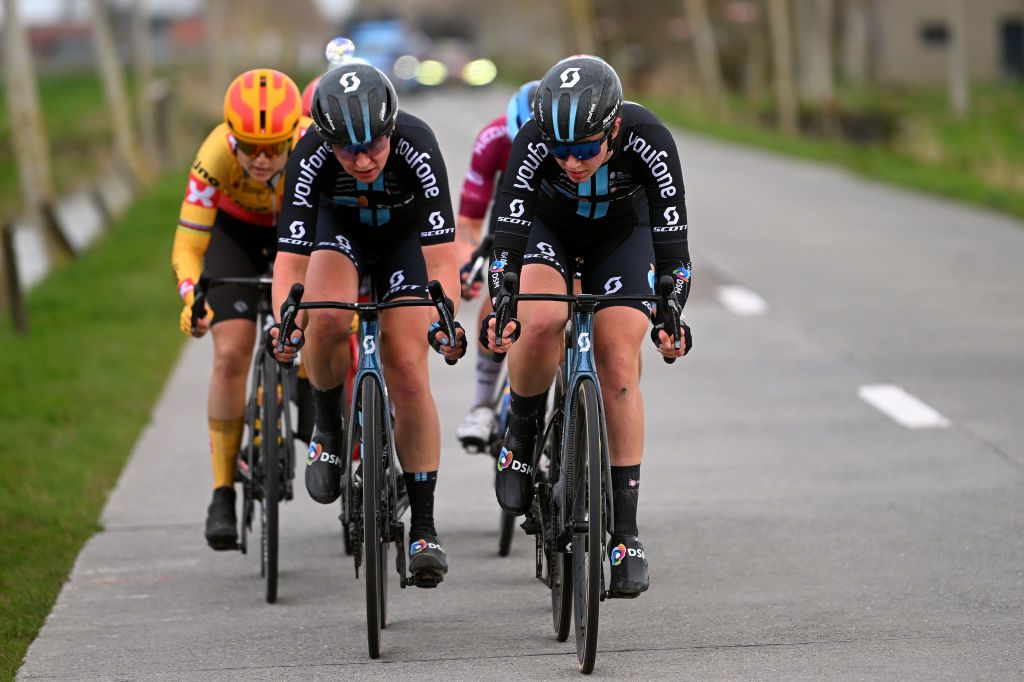 DE PANNE BELGIUM MARCH 23 Pfeiffer Georgi of United Kingdom and Team DSM competes in the breakaway during the 6th Exterioo Womens Classic BruggeDe Panne 2023 a 1631km one day race from Brugge to De Panne UCIWWT on March 23 2023 in De Panne Belgium Photo by Luc ClaessenGetty Images