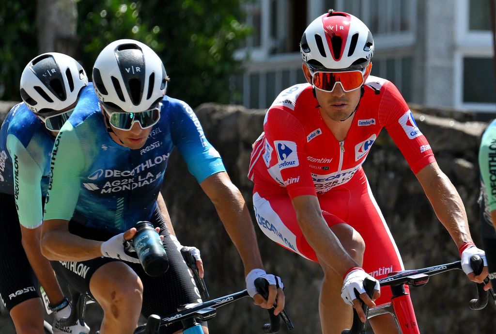 BAIONA SPAIN AUGUST 27 LR Victor Lafay of France and Ben OConnor of Australia and Team Decathlon AG2R La Mondiale Red Leader Jersey compete during the La Vuelta 79th Tour of Spain 2024 Stage 10 a 160km stage from Ponteareas to Baiona UCIWT on August 27 2024 in Baiona Spain Photo by Tim de WaeleGetty Images