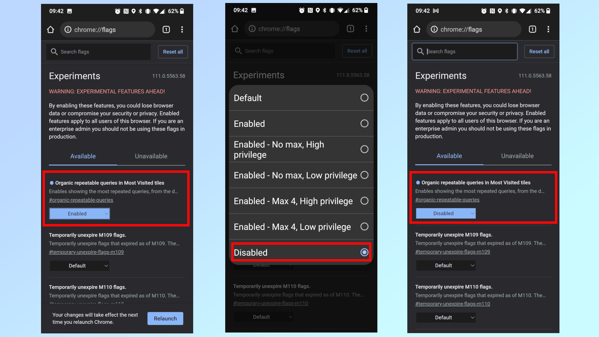 Screenshots showing how to disable repeatable queries in Chrome's Most Visited tiles on Android