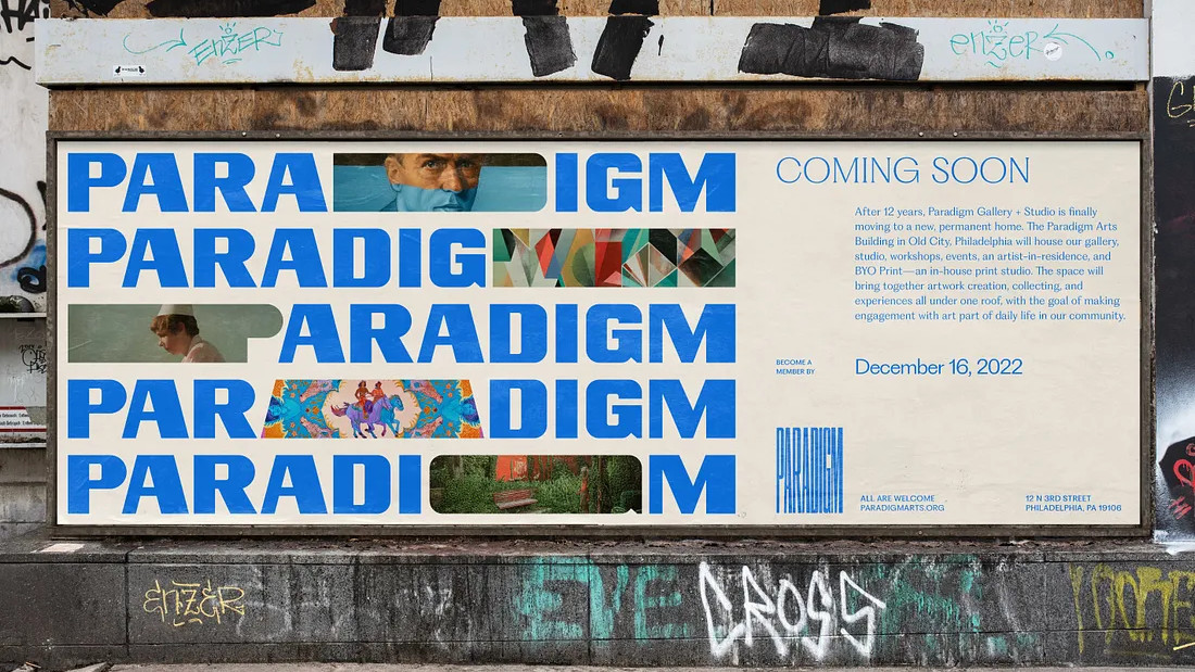 A poster advertising paradigm, with the words broken up by imagery