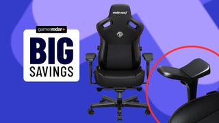 AndaSeat's Kaiser 3 Pro gaming chair next to a big savings stamp. In the corner there's a red ring around an image of the chair's 5D armrest