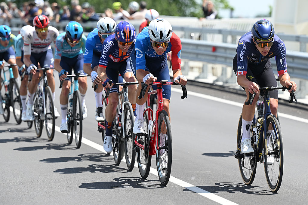 CHIAVARI, ITALY - MAY 20: (L-R) Johan Jacobs of Switzerland and Team Groupama - FDJ United and Nickolas Zukowsky of Canada and Team Pinarello Q36.5 Pro Cycling compete during the 109th Giro d&amp;amp;apos;Italia 2026, Stage 11 a 195km stage from Porcari to Chiavari / #UCIWT / on May 20, 2026 in Chiavari, Italy. (Photo by Dario Belingheri/Getty Image)