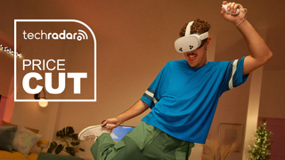 A person dancing while wearing the Meta Quest 3S.