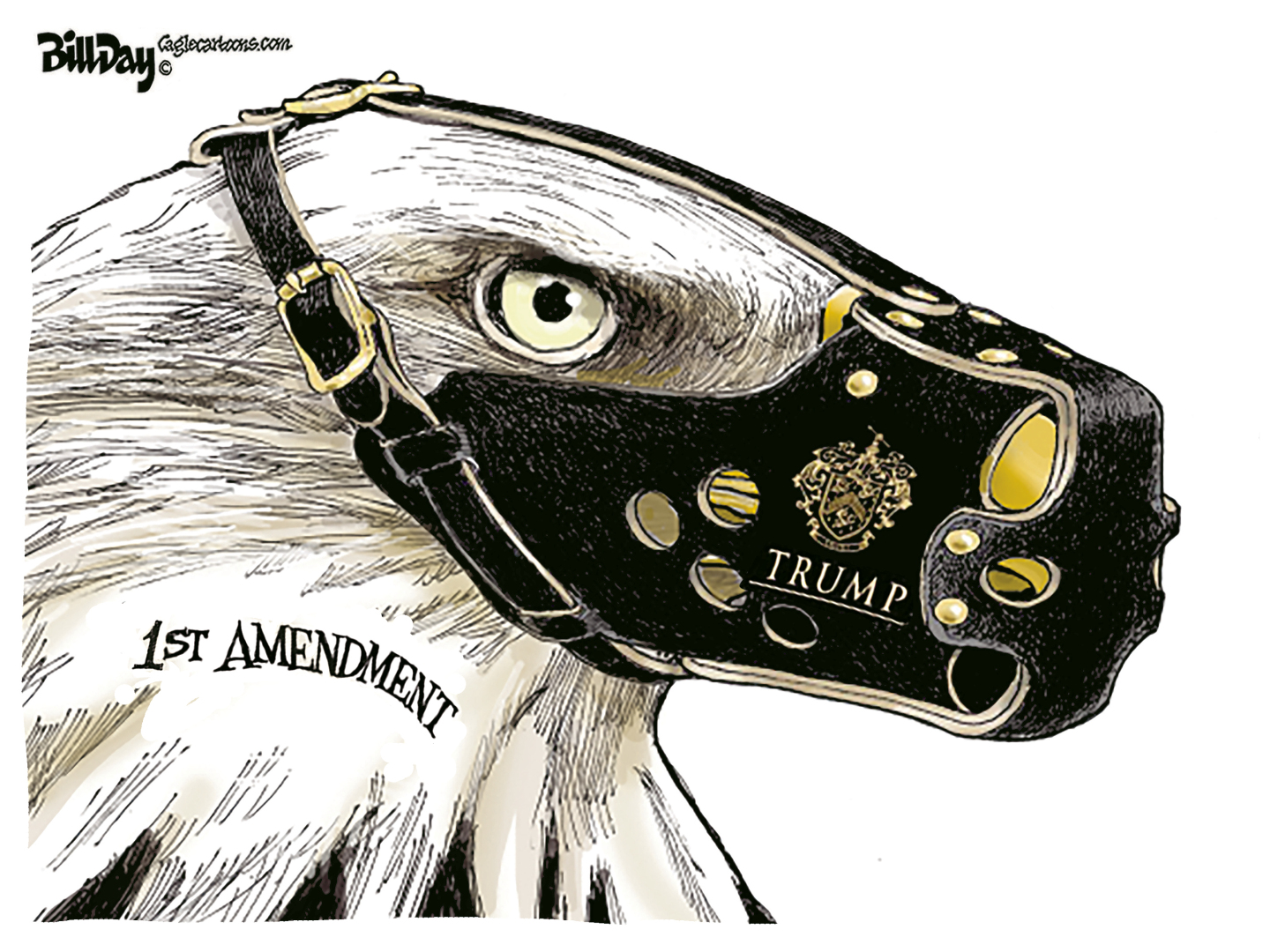 This cartoon depicts an eagle labeled &amp;ldquo;1st Amendment.&quot; The fierce-looking bird has been muzzled with a leather mask buckled around its head labeled &amp;ldquo;TRUMP.&amp;rdquo;