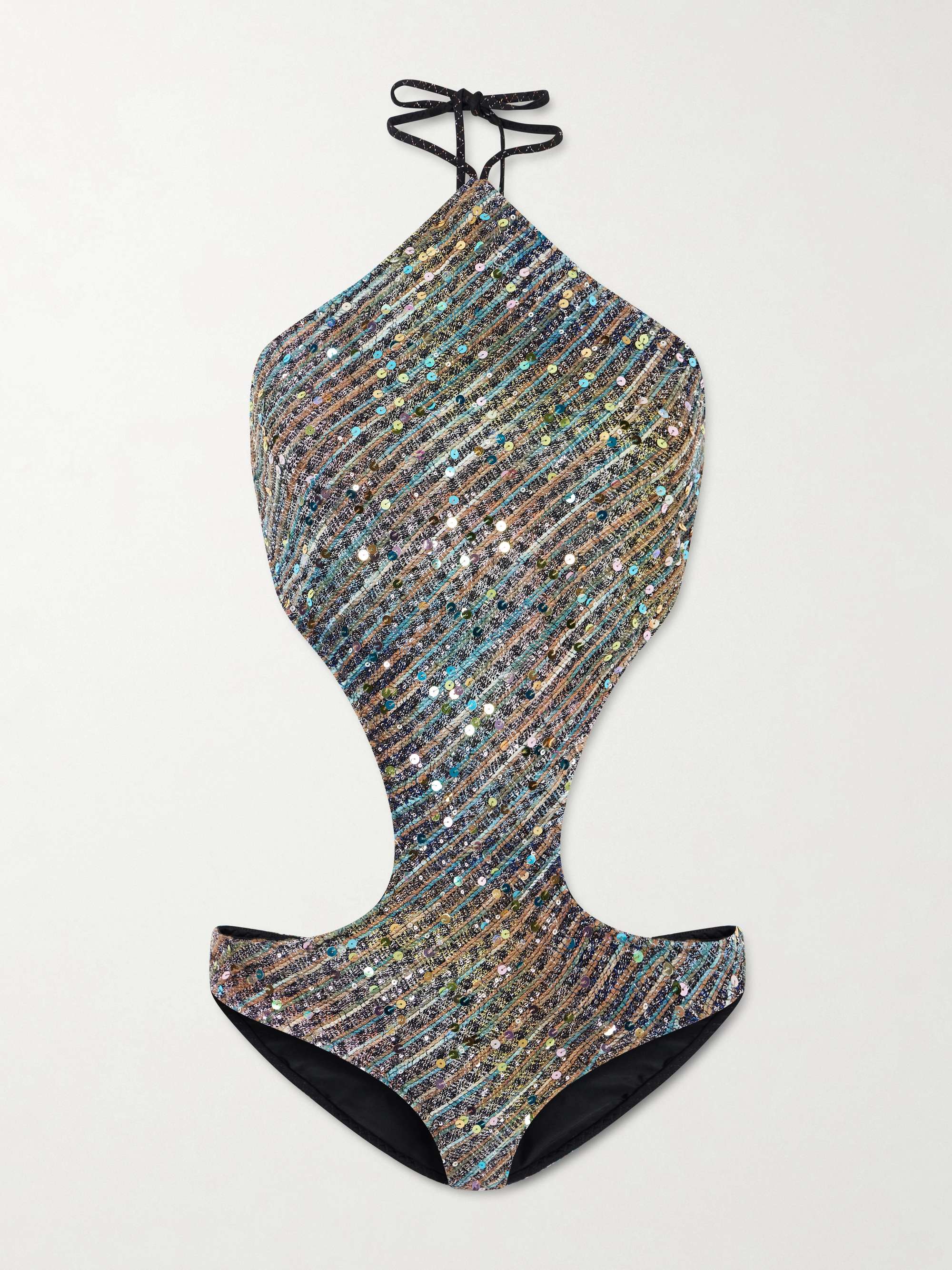 Cut-Out Sequin-Embellished Striped Metallic Cotton-Blend Halterneck Swimsuit