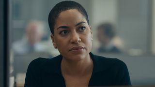 Cush Jumbo pictured in an office with a questioning look in Criminal Record.