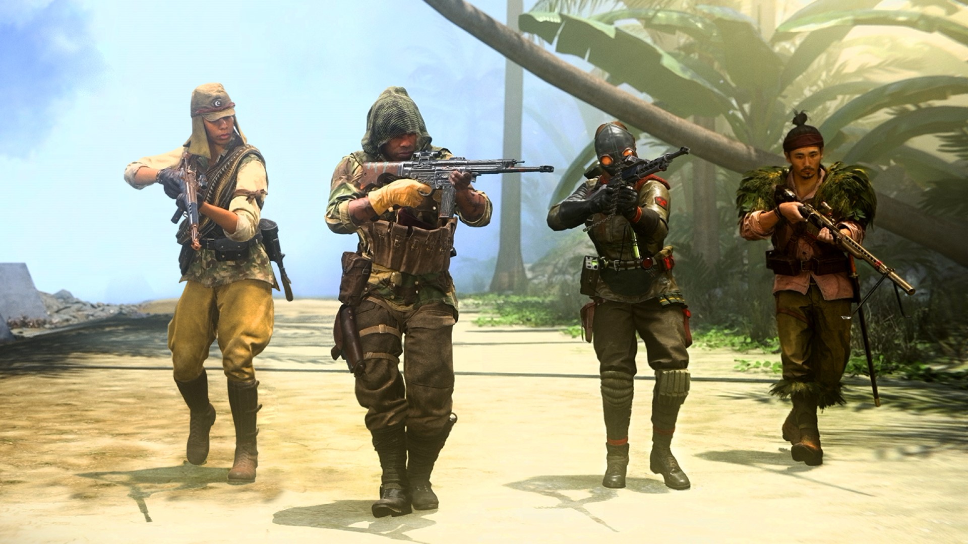 Quatre soldats marchant sur une route avec des armes levées dans Call of Duty: Warzone