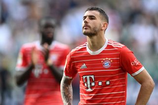 Lucas Hernandez of FC Bayern Muenchen looks on after their side finished the season as Bundesliga champions during the Bundesliga match between VfL Wolfsburg and FC Bayern München at Volkswagen Arena on May 14, 2022 in Wolfsburg, Germany.