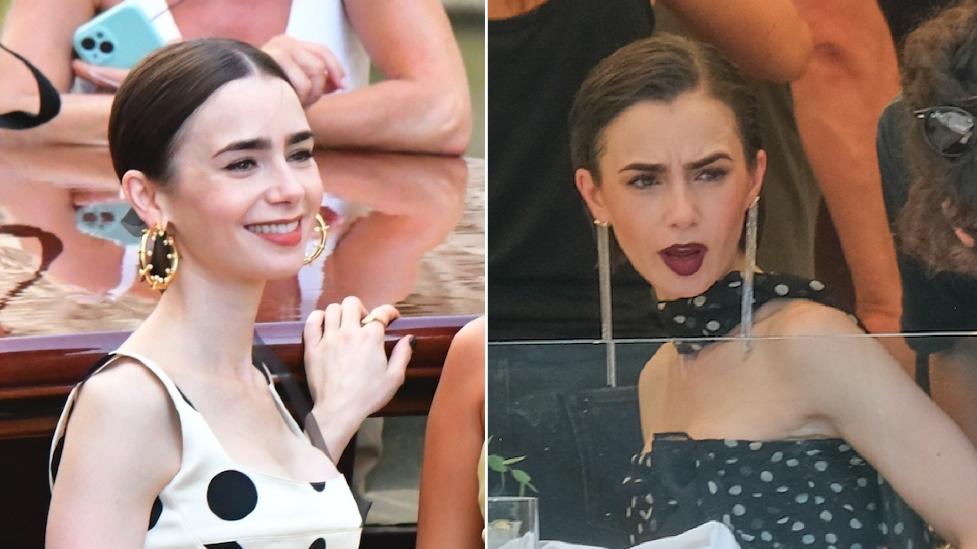 Lily Collins films Emily in Paris wearing a white and black polka dot dress