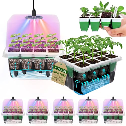 Mymulike Seed Starter Tray With Grow Light,5 Pack 60 Cells Seedling Tray Kit Reusable &amp;amp; Dishwasher Safe for Starting Vegetable, Flower &amp;amp; Herb Seeds Indoor Grow Kit for Deep-Rooted Seedlings