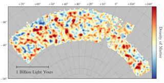 Map of dark matter made from gravitational lensing measurements of 26 million galaxies in the Dark Energy Survey.