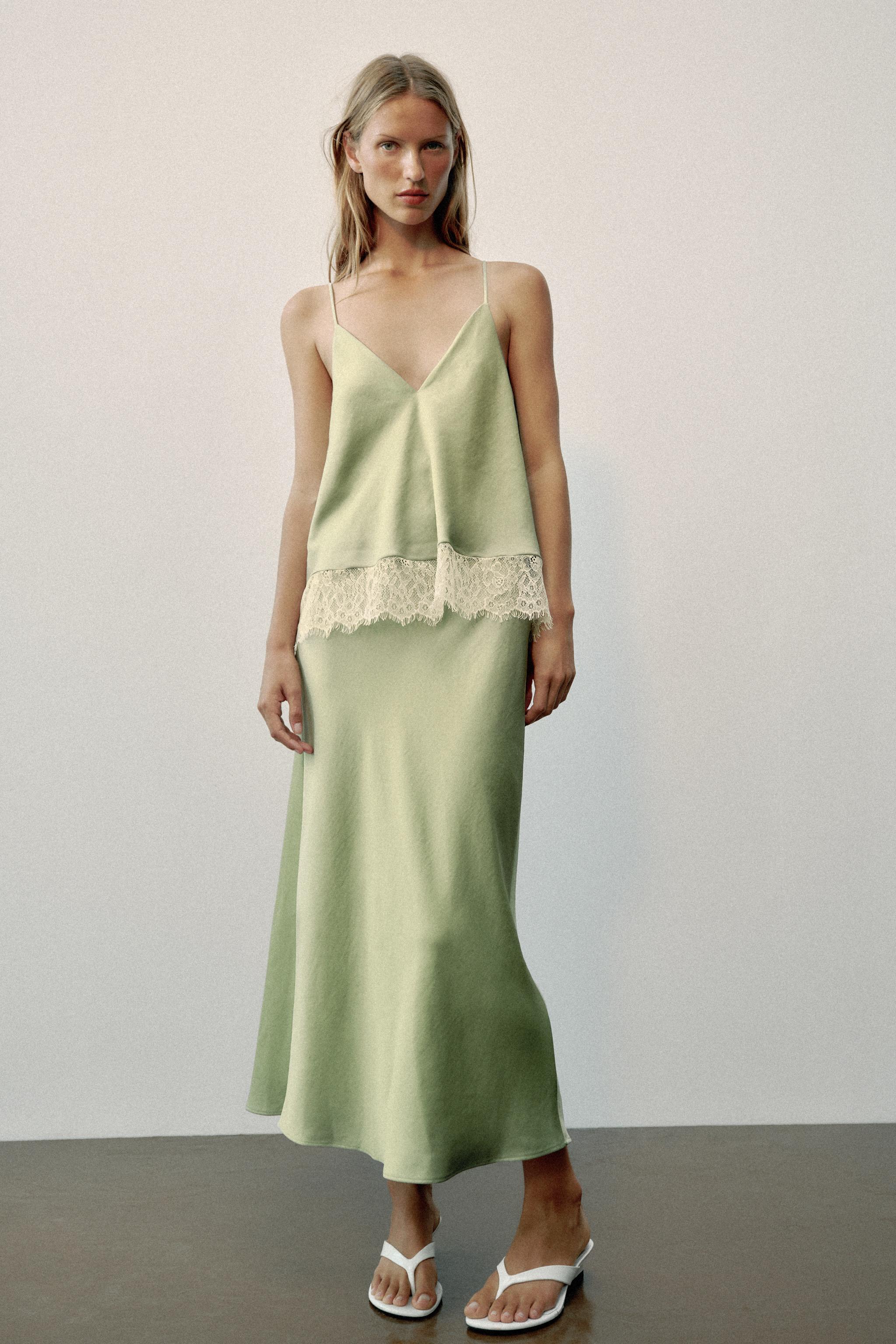 ZARA Lace-Trimmed Satin Midi Slip Dress - Light Khaki - Xs